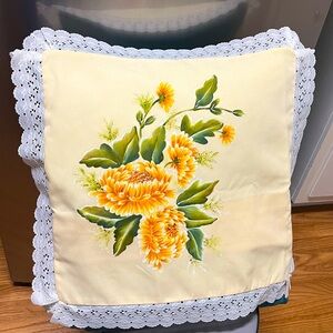 Hand painted yellow Chrysanthemums  Decorative Pillowcase with Lace Trim